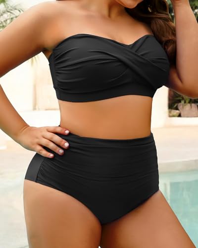 Yonique Women Plus Size Two Piece Swimsuits High Waisted Bathing Suits Bandeau Bikini Tummy Control Swimwear3