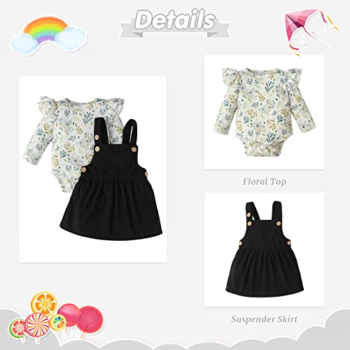 Melaogoy Newborn Baby Girl Clothes Ruffle Romper For Baby Girls Floral Long Sleeve Heart Suspender Skirt Infant Girls Outfit Set(0-3M Black) #TOP2