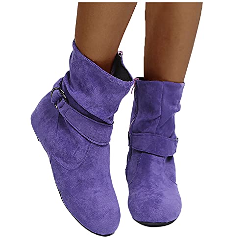 EIYEI Mid Calf Boots for Women,Women's Slip On Casual Slouchy Short Ankle Boot Side Zipper Fashion Flat Ankle Booties Round Toe Slip On Suede Booties Winter Fall Mid Calf Dress Boots 5