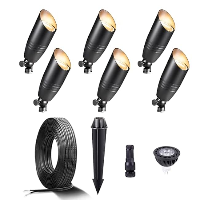 Landscape Spotlights Low Voltage - Brass 12V Outdoor Uplight LED, Wired Spot Lights IP65 Waterproof, Black for Exterior Garden Yard Tree House with 5W 2700K Warm White MR16 Bulb