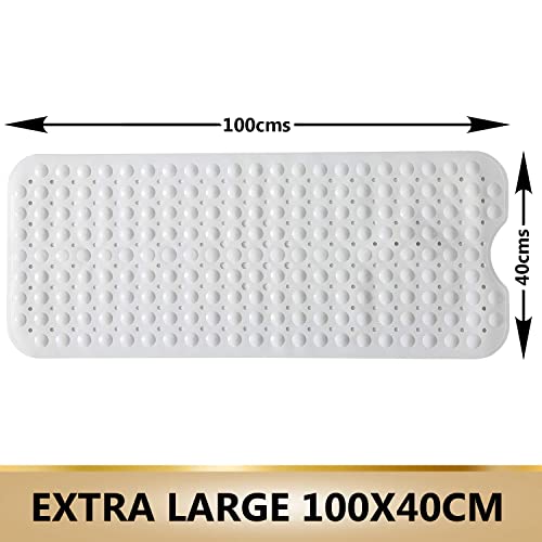 Image of TurtleGrip Anti-Slip Shower Mat, 100x40 cm Soft-Pebble (White), Anti-Skid Extra Large Bath Mat with Suction Cups, Machine Washable Bathroom Mats with Drain Holes