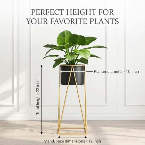 Image of CHROMIX Modern Metal Floor Flower Plant Stand with Planter Pot - Mid-Century Decorative Tall Indoor Plant Stand for Living Room, Bedroom, Balcony, Patio Display - Elegant Black Planter Holder