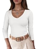 ANRABESS Womens Fitted Sweaters 2025 Fall Long Sleeve V Neck Basic Tops Lightweight Knitted Slim Dressy Casual Work Shirts White Small