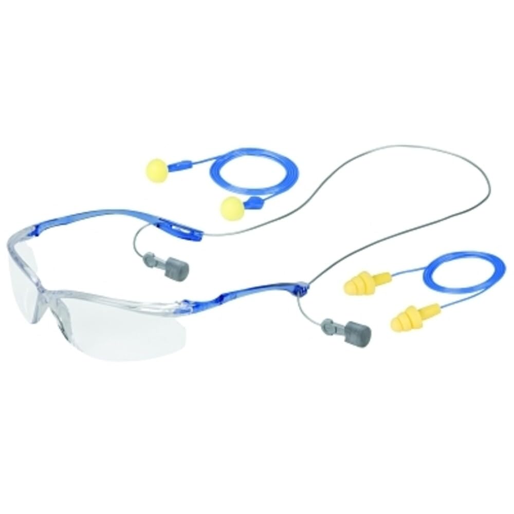 3M Safety Glasses, Virtua Sport CCS, Clear Lens, Blue Frame, ANSI Z87 | Anti-Fog, Anti-Scratch, Corded Ear Plug Control System, 20 Pack
