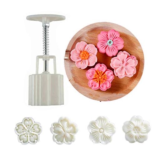 Ylskmu Moon Cake Mold Set 4pcs 50g Cookie Stamps, Cherry Blossom Floral Mid Autumn Festival DIY Hand Press Cookie Dessert Cutter Pastry Decoration Flower Impressions Tool Mooncake Maker (50g)