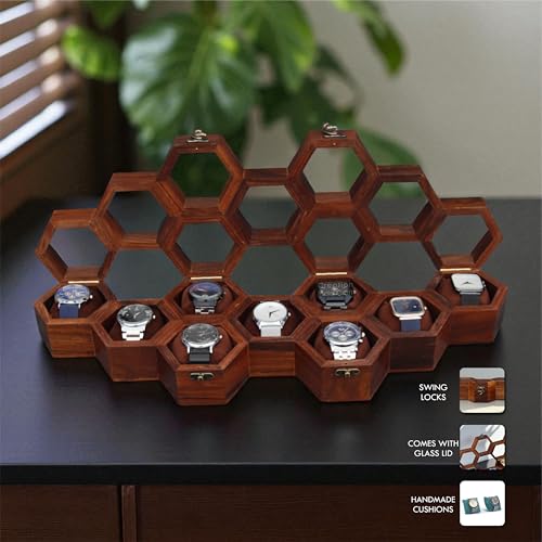 Image of Vintage Wooden Watch Box For Men, Timepiece Display Case, Honeycomb Watch Storage & Organizer, Jewelry Box For Women For Husband (9 Compartments - 2)