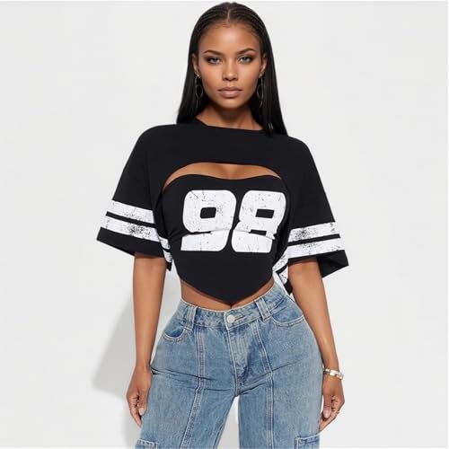 AQMR Cropped Jersey for Women Sexy Graphic Number Print Short Sleeve Slim fit Hollow Out top Streetwear Hip pop Sport Outfit2