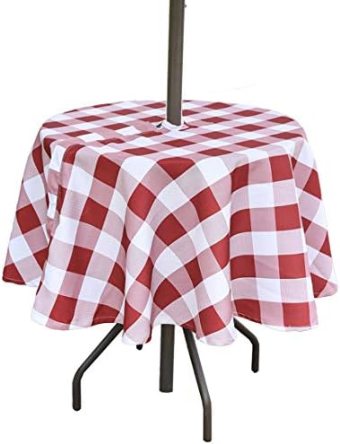 Eternal Beauty Outdoor Tablecloth Round 60” Spillproof Outdoor Tablecloth with Umbrella Hole Zipper for Spring Summer Patio Picnic Table (Burgundy Red Check)