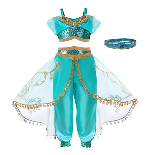 Belle & Moana Disfraz de princesa niña - Vestido de princesa para niña - Disfraz de Princesa Jazmín para Niña - Para fiestas, cumpleaños, Carnaval, cosplay y Halloween 5-6 Años