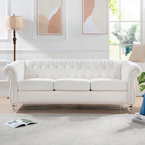 Yuxuanhang 84" Modern Chesterfield Fabric Couch, Rolled Arm Tufted Back 3 Seater Sofa, Upholstery Nailhead Trim Couches for Living Room Office (White)