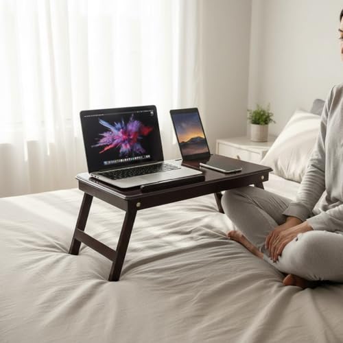 Image of Folding Laptop Table for Bed & Sofa | Ergonomic Laptop Desk with Tilting Top & Storage Drawer | Portable Work from Home Study Table for Adults (Brown, 24 By 16 Inches)