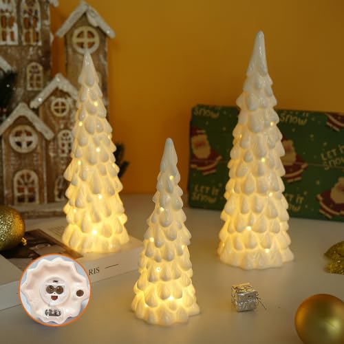3 Pcs White Ceramic Christmas Trees with Lights, Table Top Christmas Decor - image 1