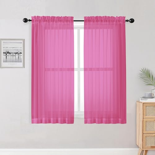 Image of OWENIE Hot Pink Sheer Curtains for Bedroom Living Room 54 Inch Length 2 Panels Set, Soft Solid Light Filtering Sheer Short Curtains for Small Window, 2 Pcs Total 84 Width 54 Long, Hot Pink