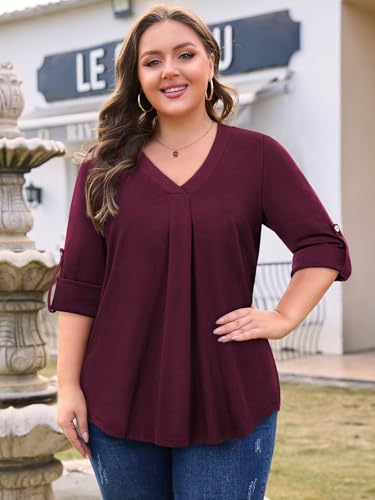 Plus Size Tops for Women V Neck Blouse Pleated Front Loose Fitting Tunic Top Dressy Casual Fall Clothes 2025