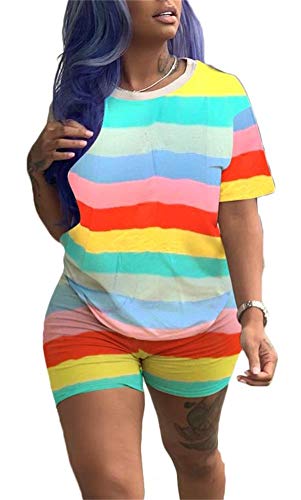 Women Sexy Colorful Stripe Patchwork Night Club Tracksuit O Neck Loose T Shirt Skinny Short Joggers 2 Piece Jumper