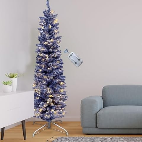 Erivc 6FT Blue Pre-Lit Skinny Christmas Tree, Auto Open Snow Flocked Full Xmas Tree with 400 Branch Tips, 150 Lights & Foldable Stand for Outdoor and Indoor Decoration Cover