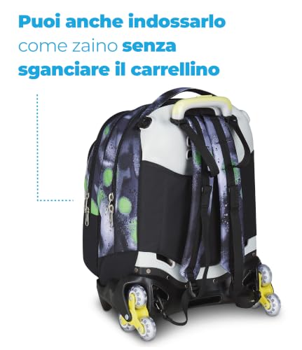 Seven Zaino Trolley Scuola Elementare Bambino, Zainetto Staccabile, Carrello Sganciabile, Spallacci a Scomparsa, 3 ruote, nero/verde