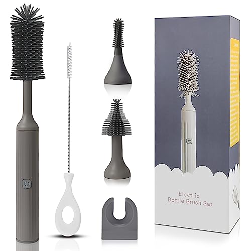 Image of winforhour Electric Cleaning Brush with Electric Bottle Cleaner Set and Straw Brush,Suitable for Kitchen Brush and Baby Bottle Brush.Waterproof IPX65(Gray)