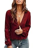 Viracy Oversized Shirts for Women, Peasant Blouses Lady Long Balloon Sleeve Chiffon Tunic Tops Vneck Lace Top Night Out Date Sexy Swing Comfy Loose Fit Flare Workwear Fall Wine XL