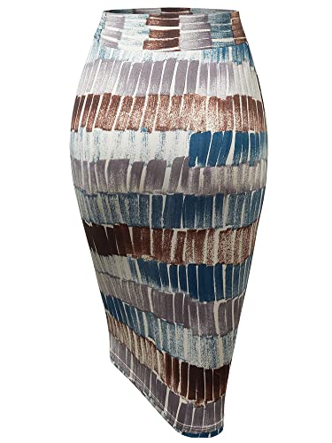 Mbj Wb1304 Womens Print Midi Pencil Skirt L Teal_Brown #TOP2