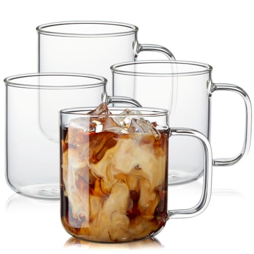 BWODYAY Glass Coffee Mugs, 14 oz Ice Coffee Cups Set of 4, Large Clear Tea Cups, Glass Mugs with Handles for Hot Beverages, Glass Cups for Latte, Cappuccino, and Tea