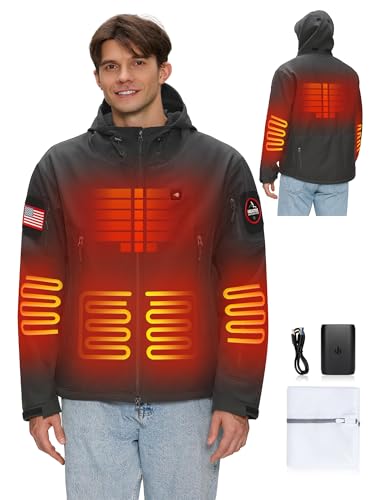 HEATIX Heated Jacket for Men with 12V Battery Pack, Winter Outdoor Soft Shell Electric Heating Coat with Foldable Hood, Grey, S