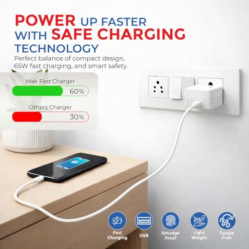 Image of 80 W SuperVOOC 6 A 80 Watt -VOOC, Dart, WARP, Dash Adapter with White Type-C Cable Charging Adaptor Travel Fast Charger with Detachable Cable (White, Cable Included)