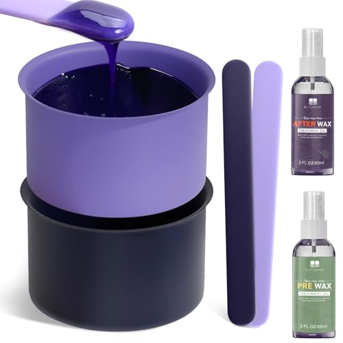 BLITZWAX 2pcs Silicone Waxing Pot Bowls for Hair Removal, 16 oz Hard Wax Warmer Replacement with Spatulas for Home Use, Easy to Clean and Ideal for Beginners Wax Liners, Purple and Dark Blue