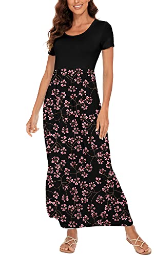 Haomeili Women's Short Sleeve Floral Print Scoop Neck Loose Plain Maxi Dresses Casual Long Dresses With Pockets(Gypsophila Black L) #TOP1
