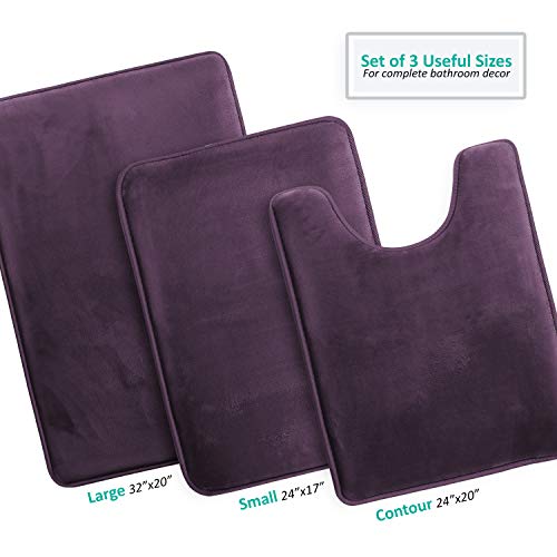 Clara Clark Memory Foam Bath Mat Ultra Soft Non Slip and Absorbent Bathroom Rug, Set of 3 - Small/Large/Contour, Dark Purple, 3 Count