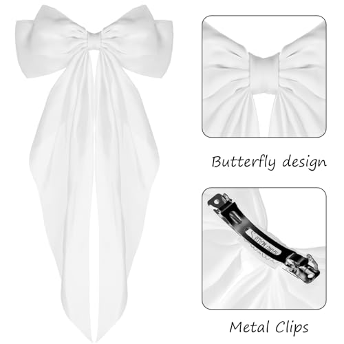 WLLHYF Big Bow Barrettes 2 Pieces Soft Silky Satin Hair Clip Long Tail French Ribbon Hair Pins Metal Bowknot Clips 90's Accessories for Party Valentine's Day Women Girl (White+White) - Image 3