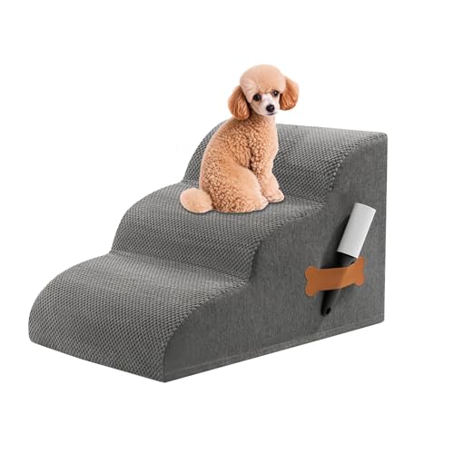 Yazoni Dog Stairs Ramp for Bed - 15 In 3 Tiers High Density Foam Curved Pet Stairs, Waterproof Fabric Cover Cat Ramp, Non-Slip Balanced Doggy Friendly Bed Stair Cat Slope Stair for High Beds and Couch