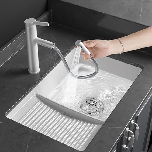 Ceramic Laundry Sink with Washboard - Undermount Bathroom Vessel Sink, Lavatory Vanity Sink with Overflow, Complete Set with Faucet & Drain, Perfect for Home Bathroom Use