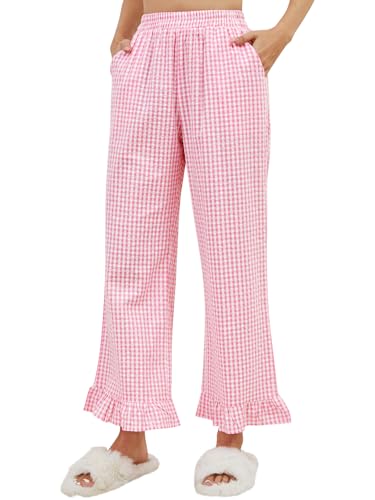 Womens Gingham Pants Y2K Cotton Wide Leg Ruffle Hem Lounge Pants Plaid Print Loose Trouser with Pockets