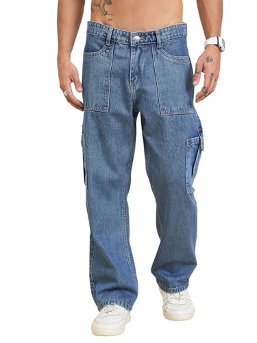 Image of STUDIO NEXX Men's Baggy fit Denim Cargo Pants |Non Stretchable| Wide Leg Jeans| Cargo Jeans|Baggy Cargos for Men