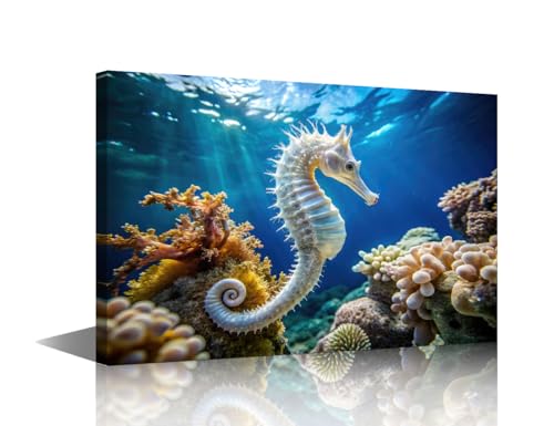 Toile hippocampe blanc dans une eau bleue pour illuminer le mur de votre salon