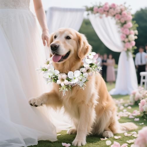 pclapora Hunde Hochzeits Blumenhalsband, Hochzeitshalsband für Hunde, Hochzeitskleidung Blumenkranz Schleife Haustier Blumenring, Corsage Hund Blumen-Krone, für Hund Hochzeit Verlobung Party Outfit
