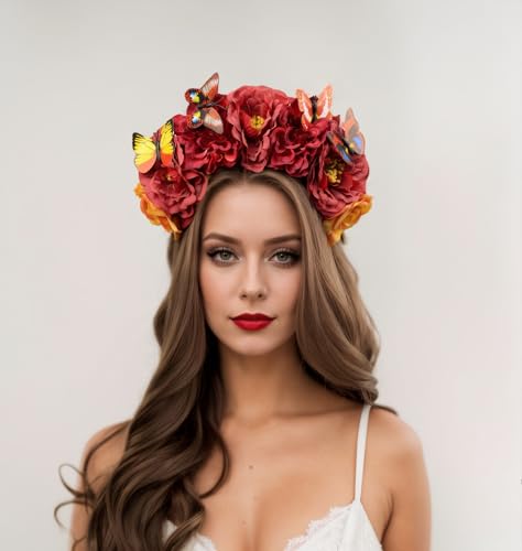 Rannyrena Elegant Butterfly Flower Headband for Women Boho Handmade Rose Floral Crown Wedding Bridal Festivals Cosplay Prom Photo Props Headpiece (B4 red, Adjustable)
