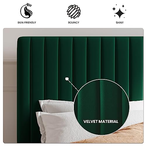 Image of SHA CERLIN Full Upholstered Platform Bed Frame with Vertical Channel Tufted Velvet Fabric Adjustable Headboard, Wooden Slats Support, Mattress Foundation, Box Spring Optional, Green