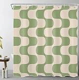 LB Modern Duschvorhang 180x200cm Grün gestreift auf Vintage Beige Antischimmel Wasserdicht Badezimmer Gardinen,Abstrakte Kunst Extra Lange Polyester Stoff Bad Vorhang mit Haken