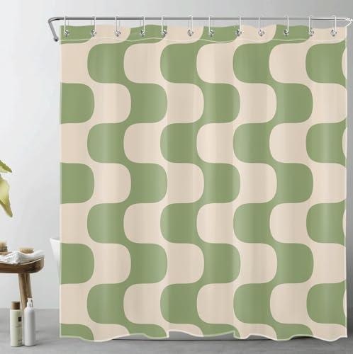 LB Modern Duschvorhang 180x200cm Grün gestreift auf Vintage Beige Antischimmel Wasserdicht Badezimmer Gardinen,Abstrakte Kunst Extra Lange Polyester Stoff Bad Vorhang mit Haken