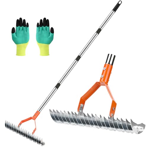 Thatch Rake -15 Inch Dethatcher Rake with Adjustable Handle, Efficient Steel Metal Gass Rakes with...