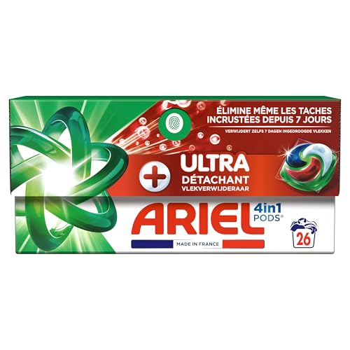 Ariel 4en1 PODS, Lessive Liquide En Capsules 26 Lavages, + Ultra Détachant, Élimine Même Les Taches Incrustées Depuis 7 Jours