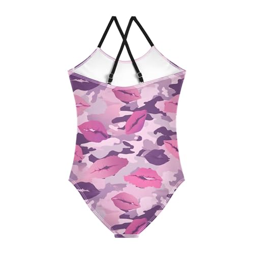 Lip Camouflage Pattern Girls One Piece Swimsuits Summer Quick Dry Beach Bathing Suit2
