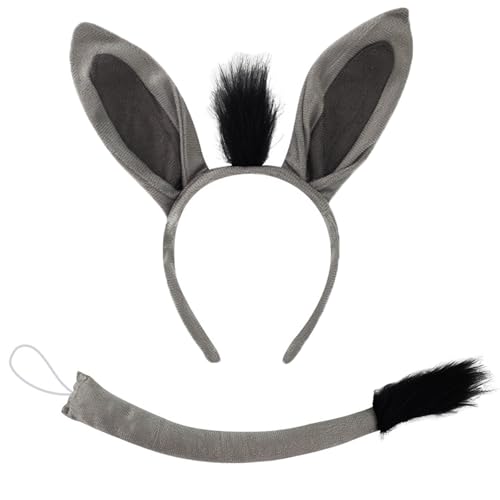 ATSNOSH 2 Pièces Costume de Âne, Ensemble Habillage Animaux, Animaux Oreilles Bandeau et Queue d'Âne Ensemble, Ensemble Déguisement D'animal, pour Halloween, Cosplay, Fête, Carnaval (Gris)