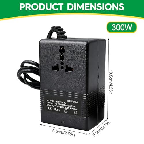 محول جهد كهربائي 220 فولت الى 110 فولت، محول تخفيض، محول طاقة للسفر، محول طاقة كهربائي منزلي لفرد الشعر والتلفزيون واللابتوب (300 واط)