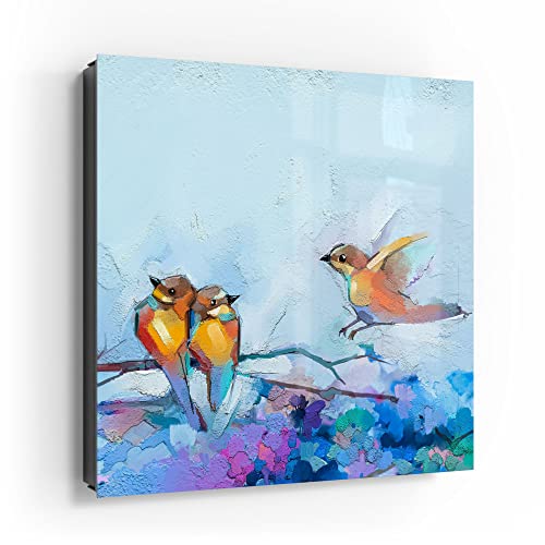 DEQORI Schlüsselkasten schwarz | 30x30 cm | Motiv Vier Vögel auf AST | Glas & Metall Schlüssel-Box | Schlüsselschrank mit 50 Haken + 2 Magnete | Moderne Box magnetisch & beschreibbar