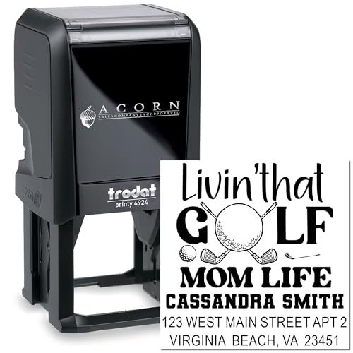 Image of Customized Golf Mom Vibes Self Inking Mailing Stamp - Square Rubber Stamp | Golf Mailing Stamp. Choice of 11 ink colors. Self Inking Stamp Custom Made. Engraved after you order. Your name and address.
