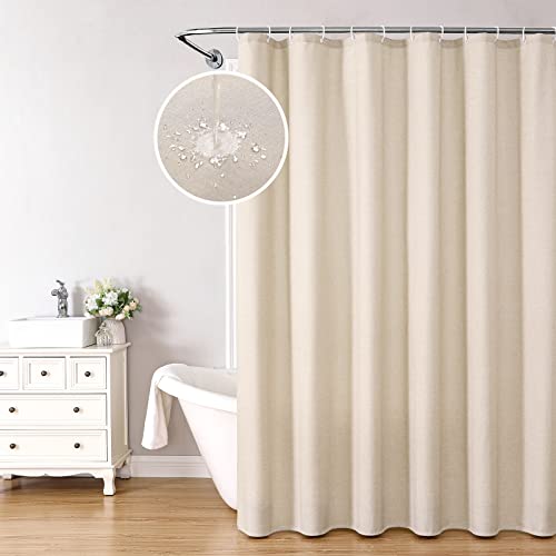 Krismile Shower Curtain Waterproof Anti Mould Resistant- Linen Textured Decorative Bathroom Shower Curtains with 12 Hooks 180x180cm, Beige/Cream