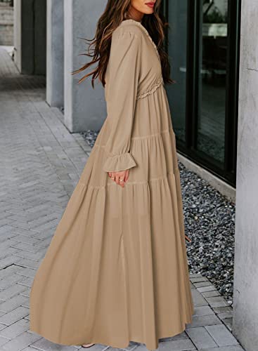 BLENCOT Women's Casual Boho Solid Color Deep V Neck Loose Long Sleeve Long Evening Dress Ruched Cocktail Party Maxi Wedding Dress Light Khaki X-Large